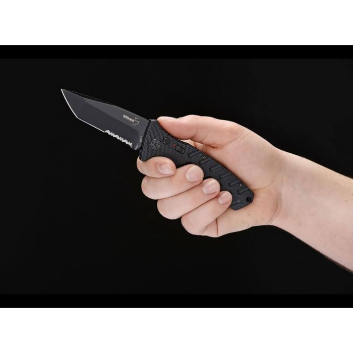 Автоматический складной нож Boker Strike Tanto All Black, сталь AUS-8, рукоять алюминий