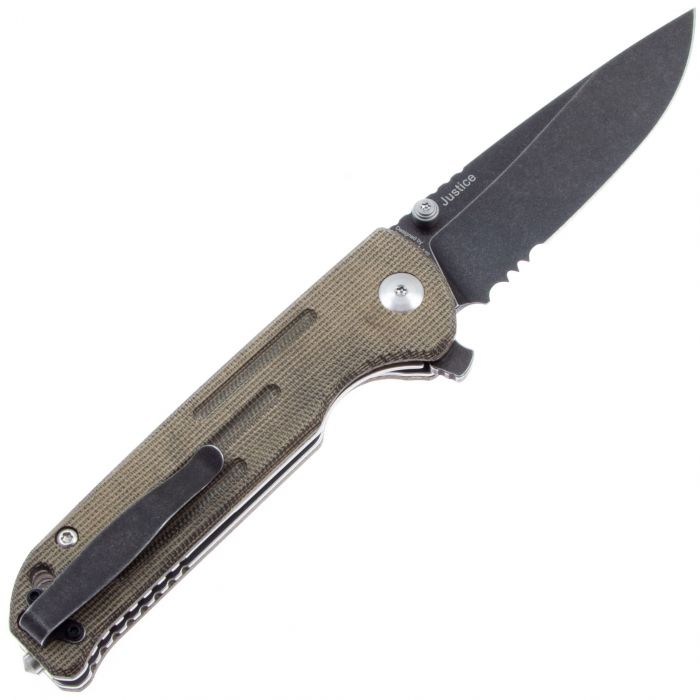 Складной нож Kizer Justice Blackwash Serrated, сталь N690, рукоять микарта